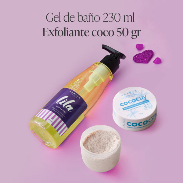 Box Exfoliante corporal Cococay 50 gr. + Gel de baño Lila 230 ml