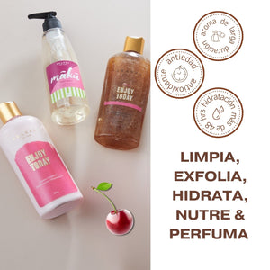 Tripack crema corporal hidratante aroma frutal + exfoliante + gel de baño