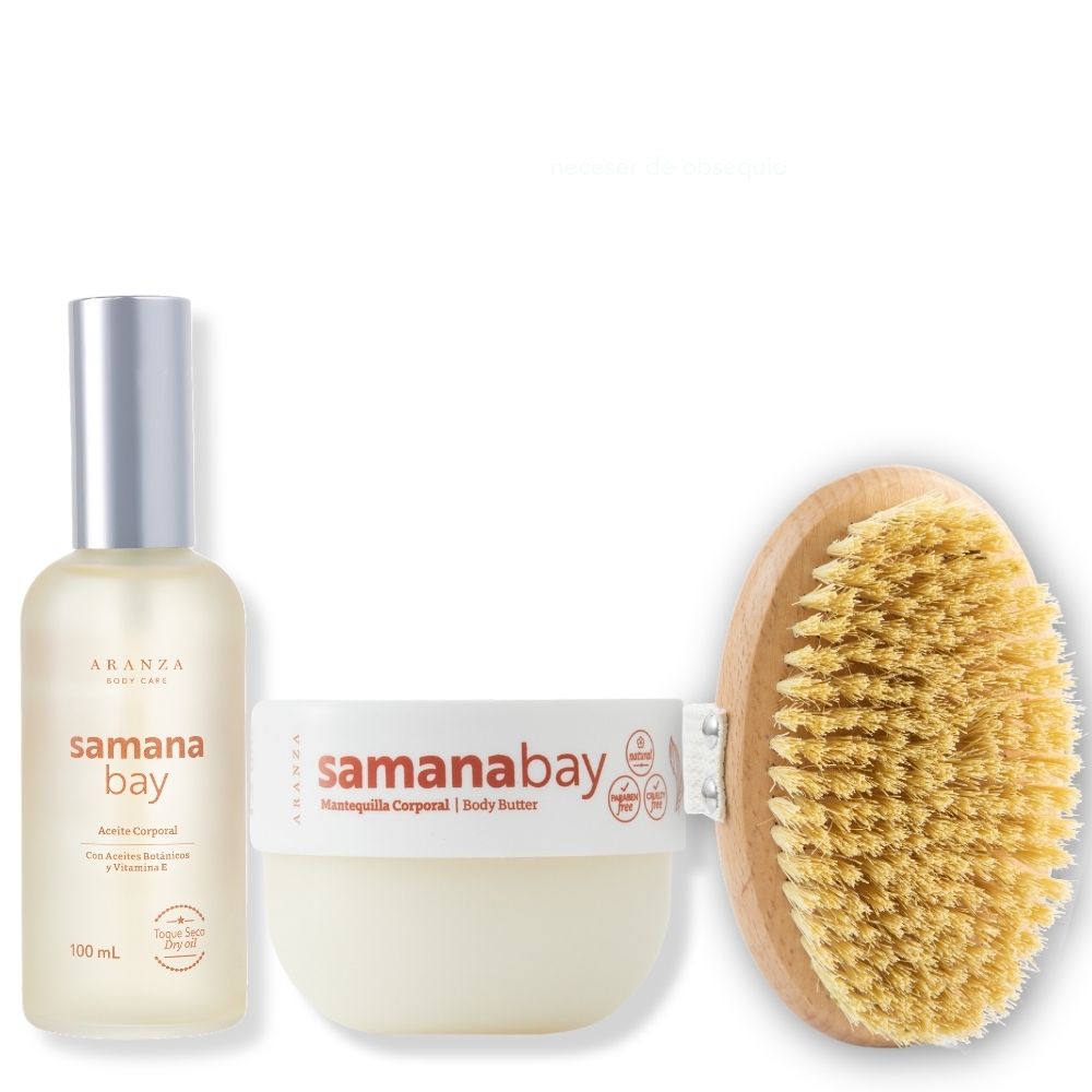 Box  Cepillo exfoliante + aceite corporal + mantequilla 200gr aroma almendras