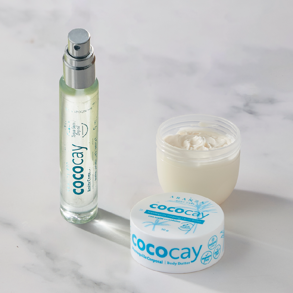 Mascarilla corporal: mantequilla corporal 50 gr + Óleo corporal travel size aroma coco vainilla
