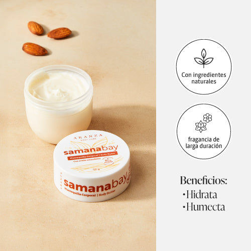 Mantequilla corporal body butter samana aroma a almendras beneficios aranza