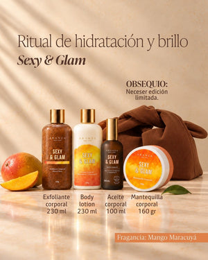 Aceite 100 ml+ exfoliante 230 ml + mantequilla corporal 160 gr. + loción.corporal 230 ml aroma mango maracuyá.