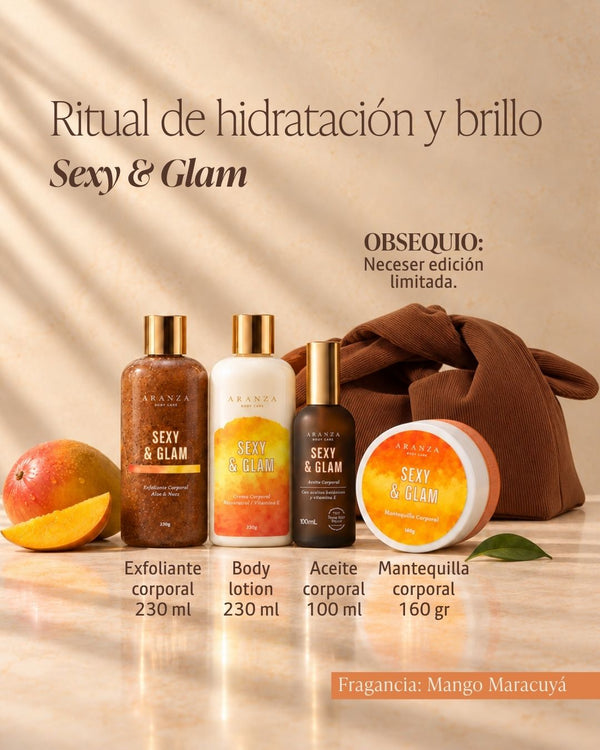 Aceite 100 ml+ exfoliante 230 ml + mantequilla corporal 160 gr. + loción.corporal 230 ml aroma mango maracuyá.