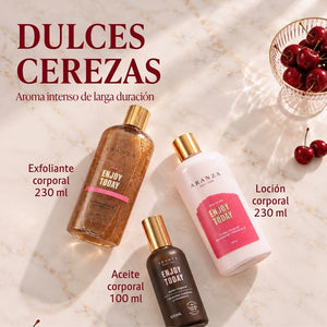 Loción corporal 230 ml + exfoliante 230 ml + aceite corporal 100 ml. aroma dulces cerezas