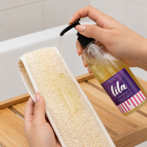 banda exfoliante para espalda + jabón Lila