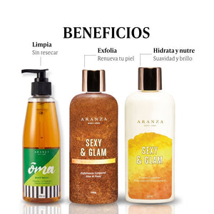 Set crema corporal hidratante  + exfoliante + gel de baño aroma frutal cítrico