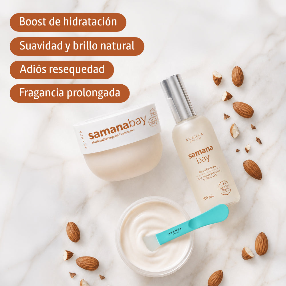 Mascarilla corporal: Crema corporal hidratante 200 gr + Óleo corporal toque seco 100 ml aroma almendras + NECESER GRATIS