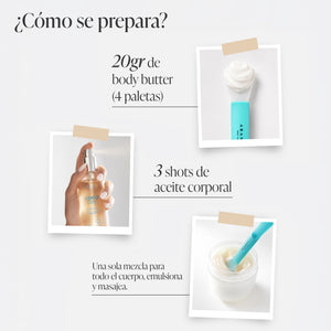 Mascarilla corporal: mantequilla corporal  200 gr + aceite corporal 100 ml + aroma coco vainilla + NECESER GRATIS