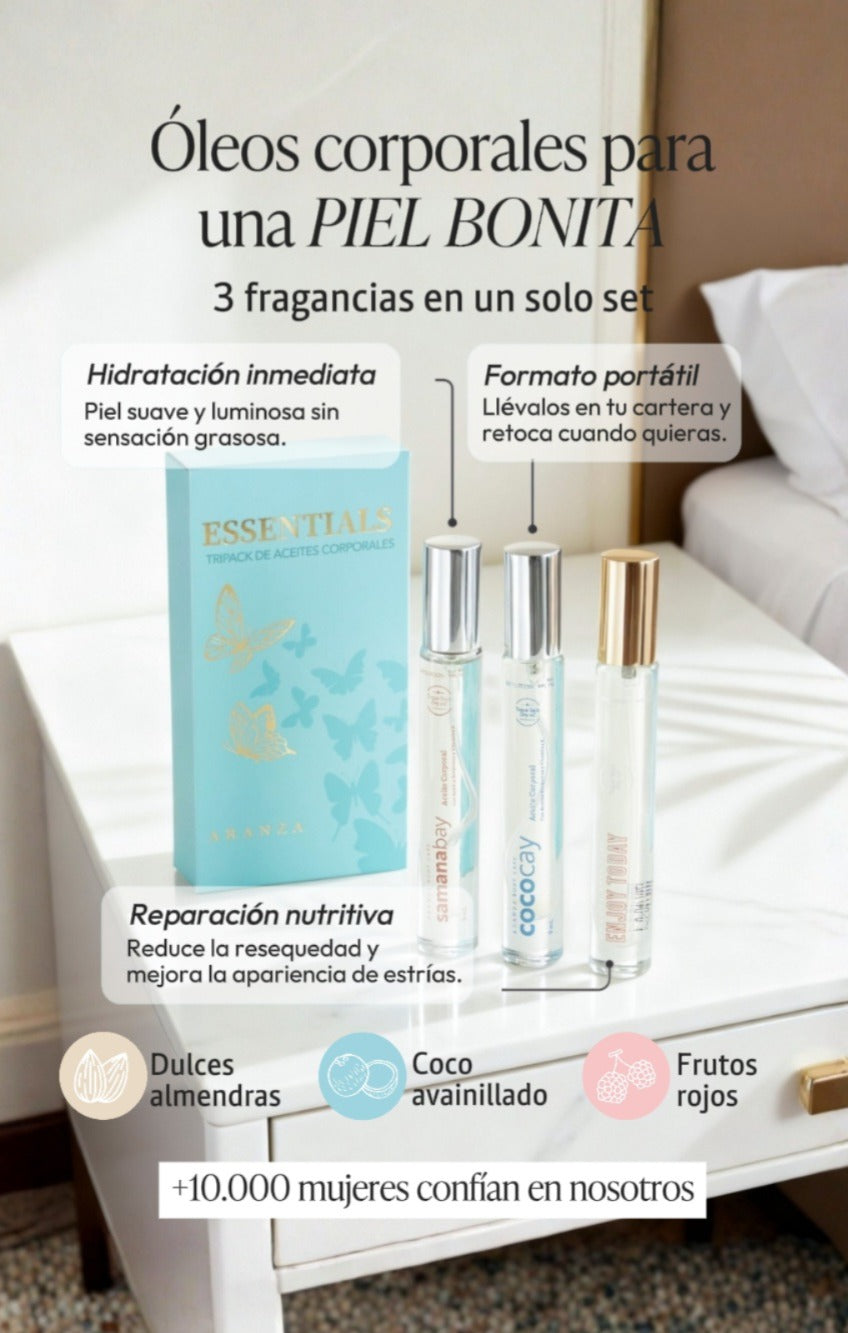 ESSENTIALS Tripack  óleos corporales travel size.