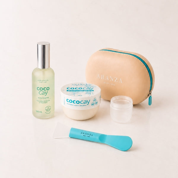 Mascarilla corporal: mantequilla corporal  200 gr + aceite corporal 100 ml + aroma coco vainilla + NECESER GRATIS