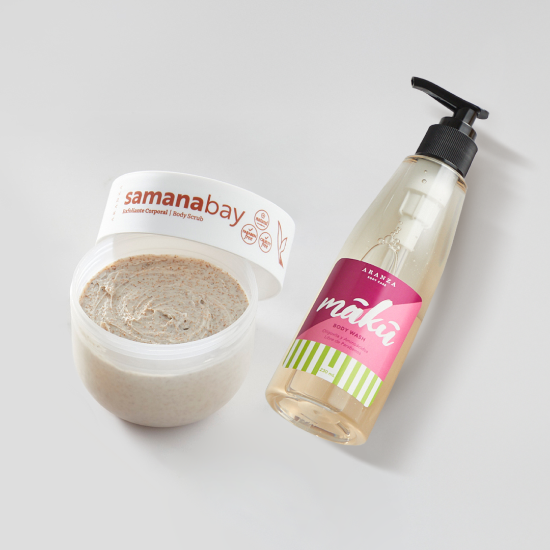 Box Exfoliante corporal aroma almendras 200 gr. + Gel de baño 230 ml + Case