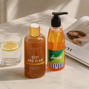 Exfoliante corporal  aroma frutal cítrico 230 ml + jabón líquido hidratante 230 ml