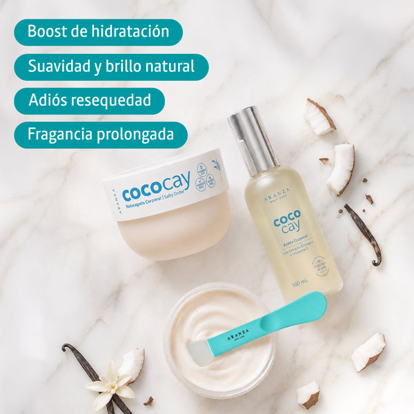 Mascarilla corporal: mantequilla corporal  200 gr + aceite corporal 100 ml + aroma coco vainilla + NECESER GRATIS