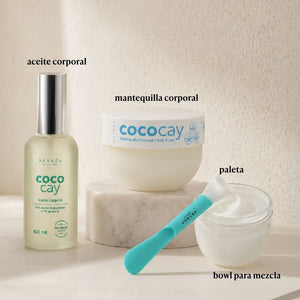 Mascarilla corporal: mantequilla corporal  200 gr + aceite corporal 100 ml aroma coco vainilla