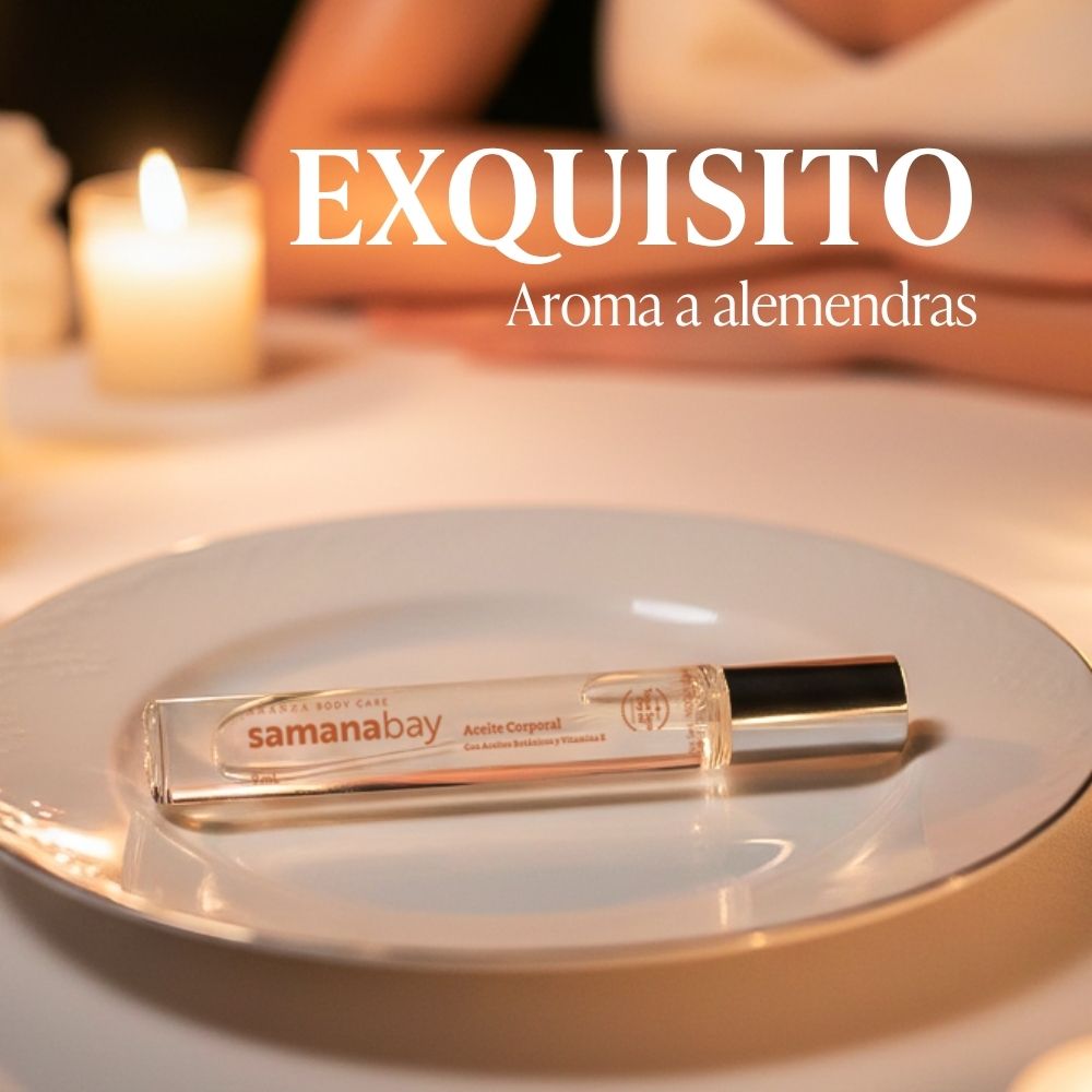 Oleo corporal samanabay aceite corporal toque seco aroma almendras travel size frontal aranza