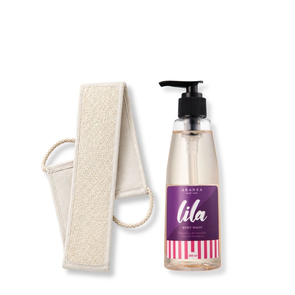 banda exfoliante para espalda + jabón Lila