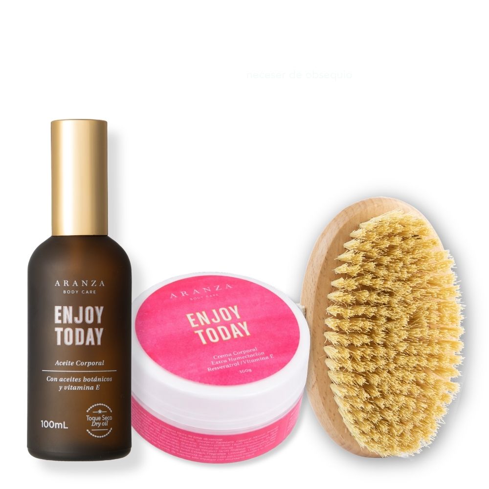 Box  Cepillo exfoliante + aceite corporal + mantequilla 160gr aroma frutos rojos +paleta