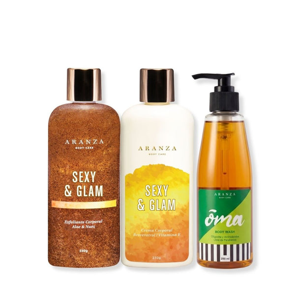 Set crema corporal hidratante  + exfoliante + gel de baño aroma frutal cítrico