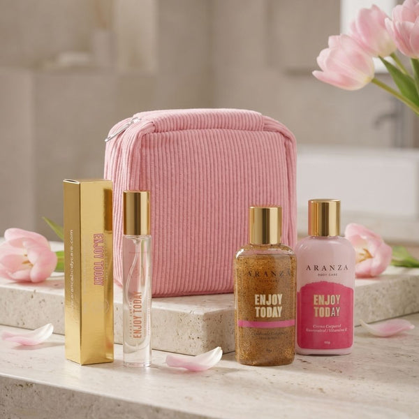 Box rutina completa aroma frutos rojos travel size + neceser rosado